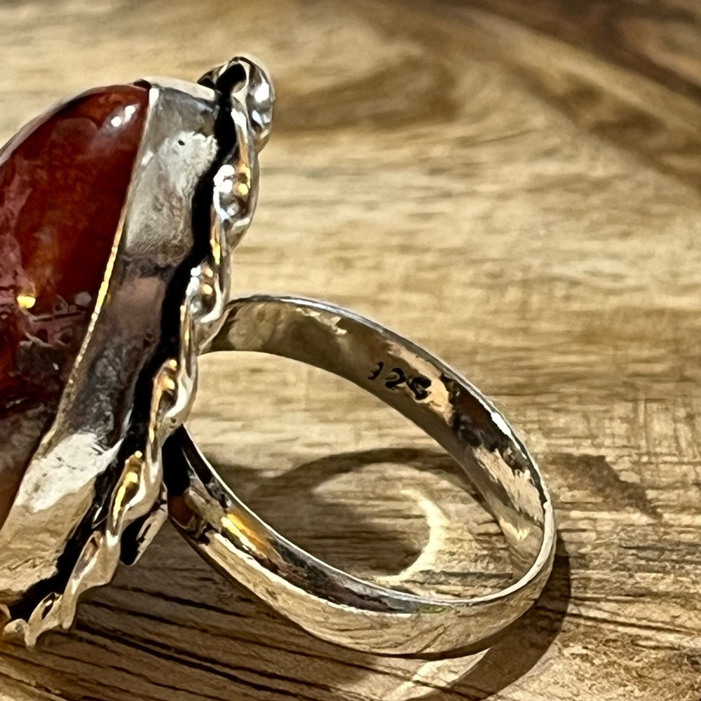 BRECCIATED JASPER GEMSTONE RING SIZE 6.25 STAMPED 925 SILVER PLATED - Picture 4 of 8